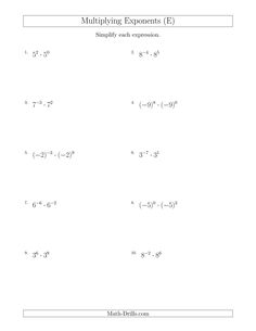 the multiplying exponents worksheet is shown in black and white