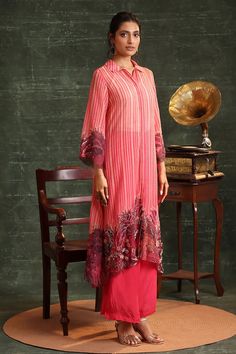 Pink shirt kurta with floral stripe print and cutdana, sequin embroidery. Paired with inner and flared pant. - Aza Fashions Elegant Red Palazzo Set With Printed Motifs, Printed Organza, Kurta Patterns, Organza Shirt, Kurta Pant Set, Indian Wedding Wear, Sequin Embroidery, Kurta With Pants, Sequins Embroidery