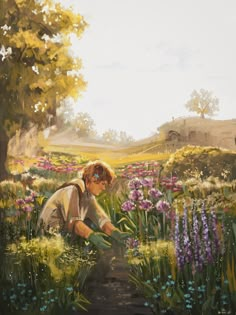 a painting of a person kneeling down in a field with purple flowers and green grass