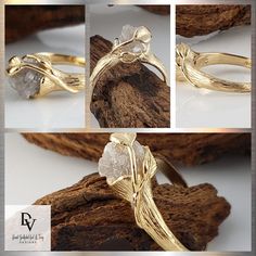 Leaf & Vine Twig Engagement Ring with a Rough Uncut Diamond, Bridal Set, Wedding Ring Set, Anniversary Ring, Promise Ring by Dawn Vertrees #GoldRing #CustomJewelry #RawDiamondWedding #EngagementRing #rings #DiamondRing #RawDiamondRing #TwigEngagementRing #BridalRing #DiamondWeddingRing Hand Forged Diamond Wedding Ring, Hand Forged Diamond Ring For Anniversary, Hand Forged Diamond Anniversary Ring, Hand-forged Diamond Anniversary Ring, Nature-inspired Rings With Rose Cut Diamonds For Gift, Nature-inspired Rings With Rose Cut Diamonds As Gift, Nature-inspired Rose Cut Diamond Rings For Gift, Gold Nature-inspired Jewelry With Prong Setting, Nature-inspired Diamond Wedding Jewelry