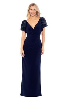 This elegant maxi gown is perfect for formal evenings and special occasions. Crafted from a luxurious blend of polyester and spandex, it ensures both comfort and style. The V-neckline and flutter sleeves add a touch of femininity, while the delicate embellishments along the neckline elevate its overall look. Its 61-inch length provides a graceful silhouette, making it a must-have for any fashion-forward woman. | Betsy & Adam Women's Maxi Gown, Navy Blue, 6