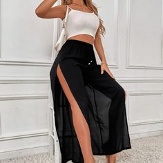 Frenchy Split Thigh Wide Leg Pants New With Tags Size: M Basic Pants, Wide Leg Palazzo Pants, Leg Pants, Wide Leg Pants, Black Fashion, Pant Jumpsuit, Wide Leg, Split, Two Piece