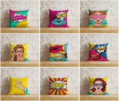 many pillows with different designs on them are arranged in the shape of pop culture characters