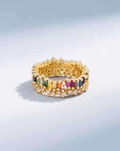 Suzanne Kalan Short Stack Rainbow Sapphire Eternity Band in 18k yellow gold Baguette Ring Band, Baguette Band, Sapphire Eternity Band, Short Stack, Rainbow Sapphires, Baguette Diamond, Eternity Band, White Diamonds, Eternity Bands