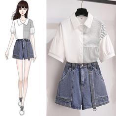 Patchwork Stripe Tee+denim Shorts P13872 White Denim Short Sleeve Top, White Short Sleeve Denim Tops, K Pop Outfits, Sketch Dress, Outfits Shorts, Pop Outfits, Everyday Casual Outfits, Stripe Blouse, Fashion Sketches Dresses