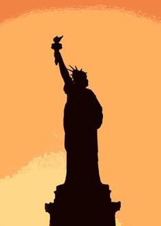 the statue of liberty is silhouetted against an orange sky