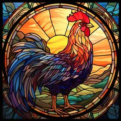 a colorful rooster standing in front of a stained glass window with the sun behind it