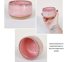 three images show the different stages of making a pink pottery bowl with gold rims