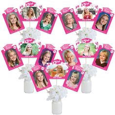 a bouquet of flowers in a vase with pictures on it and tags attached to them