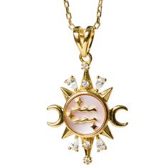 Proudly show off your Zodiac sign with the Celestial Horoscope Pendant! Each pendant is sun-shaped with lunar details and sparkling synthetic accent stones, featuring a Zodiac symbol against a pink mother of pearl disc. This piece is made of sterling silver .925 and can be plated in either rose gold or yellow gold. The pendant is 3/4 inches in length and comes with a complementary chain measuring 17 inches with a 2-inch extender. Available in each of the 12 symbols of the Zodiac, the Celestial Horoscope Pendant is a great way to personalize your look. Please note that with proper care, plated jewelry may need to be replated every 1-2 years. This order will take around 1-2+ weeks to package and process plus additional shipping time. Gold-plated Celestial Zodiac Jewelry, Aquarius Jewelry, Gold Aquarius Necklace, Yellow Gold Zodiac Sign Pendant Jewelry, Gold Zodiac Sign Pendant Necklaces, Aquarius Pendant, Zodiac Symbols, Jewelry Plate, Mother Of Pearl