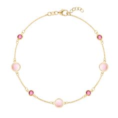 Alternating 4 understated Classic pink tourmalines and 3 eye-catching Grand Pink Opals in this glittering 14k gold station chain bracelet make it the perfect combination of two of Haverhill’s signature styles. • Made with 14k Yellow Gold.• Features briolette cut, bezel set alternating 4mm pink tourmalines and 6 mm pink Luxury Pink Gold Bracelet As Gift, Luxury Pink Gold Bracelet For Gift, Luxury Pink Gold Elegant Bracelet, Pink And Gold Bracelets, Elegant Pink Chain Bracelet With Adjustable Chain, Luxury Pink Jewelry With Bezel Setting, Elegant 14k Pink Gold Bracelets, Elegant Pink Gold Round Bracelet, Elegant Rose Gold Bracelet For Formal Occasions