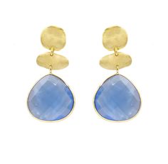 The Tiara Earrings are 18k gold plated, featuring two molten coins with a natural semi-precious stone hanging down, adding an elegant and unique touch. Handmade in Brazil, they measure 1. 75 inches in length. Each pair showcases distinctive textures, shine, and color due to the natural variations in the stones used. These 18k gold plated over brass earrings feature doublet stones, which are essentially mother of pearl combined with a colorful crystal layer. This combination creates a captivating and unique look, enhancing the overall elegance of the earrings. Elegant Blue Hammered Earrings, Elegant Chalcedony Earrings With Natural Stones, Handmade Gold Earrings With Chalcedony, Gold Chalcedony Dangle Earrings, Contemporary Earrings, August Birthstone Jewelry, July Birthstone Jewelry, Pearl Jewellery Earrings, Jewelry Ring Box