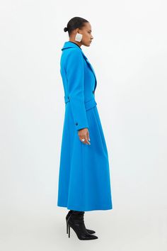 Italian Manteco Wool Blend Tailored Flared Skirt Midaxi Coat | Karen Millen Fitted A-line Party Outerwear, Elegant A-line Party Outerwear, Chic Midi-length Outerwear For Evening, Chic A-line Party Outerwear, Fitted Midi-length Outerwear For Office, Gowns Dresses Elegant, Dresses Elegant, Karen Millen, Flared Skirt