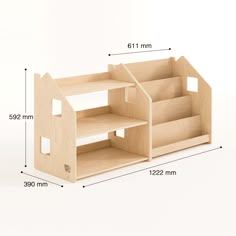 a wooden shelf with two shelves on each side and measurements for the bottom half of it