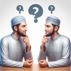 two men are sitting at a table with question marks above their heads and one is thinking