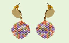 a pair of earrings with multicolored beads hanging from the end of each ear