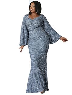 Weitese Mermaid / Trumpet Wedding Guest Dresses Plus Size Dress Cocktail Party Black Tie Floor Length Long Sleeve Scoop Neck Sequined with Glitter Sequence Dress Long Gowns Plus Size, Trumpet Sleeves, Trumpet Dress, Trumpet Sleeve, Party Gown, Dress Order, Elegant Dresses For Women, Maxi Dress Formal, Gowns With Sleeves