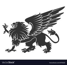 a black and white lion with wings on it's back, in the shape of a