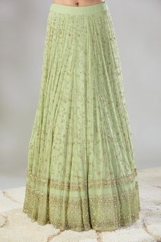 Mint green lehenga with cutdana, sequins embroidered floral jaal pattern embroidery. Comes with coordinating embroidered blouse, border work dupatta and belt. - Aza Fashions Bollywood Style Pista Green Anarkali Set With Intricate Embroidery, Bollywood Style Pista Green Anarkali Set With Embroidery, Pista Green Anarkali Set With Intricate Embroidery For Navratri, Pista Green Saree With Intricate Embroidery For Reception, Green Lehenga With Intricate Embroidery For Reception, Green Lehenga With Intricate Embroidery For Festive Occasions, Festive Green Lehenga With Intricate Embroidery, Unstitched Pista Green Lehenga With Intricate Embroidery, Pista Green Lehenga With Intricate Embroidery For Party