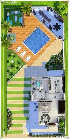 an aerial view of a house with a pool and decking area in the middle