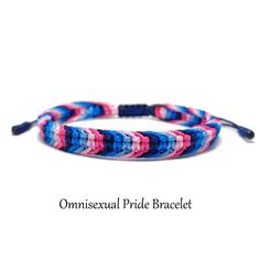 the omnisexual pride bracelet is made with blue, pink and white braiding