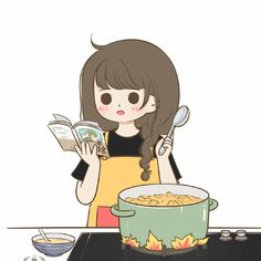 a girl is reading a book while eating cereal from a large pot on the table