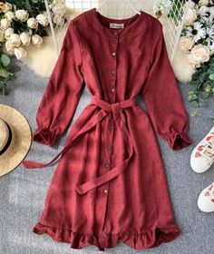 Long Sleeve Ruffle Hem Button Down Dress P307 – PreppyDress Casual Winter Dresses With Stand Collar, Solid Buttoned Dresses For Fall, Fall Solid Color Dress With Buttons, Solid Fall Dress With Buttons, Buttoned Dresses For Fall, Fall Solid Color Buttoned Dresses, Casual Dress With Button Closure And Stand Collar, Casual Fall Dresses With Stand Collar, Casual Dress With Stand Collar And Button Closure