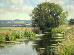 a painting of a river surrounded by grass and trees