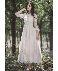 Buy retro chic lace tea length casual wedding dress with 3/4 sleeves at wholesale price online. Free shipping and pro custom service since 2009. Long Sleeve Wedding Dress Simple, Wedding Dress Cheap, Cheap Wedding Dress Boho, Cheap Lace Wedding Dresses, Chic Wedding Dresses, Tea Length Wedding, Long Sleeve Wedding Dress Lace, Tea Length Wedding Dress, A Line Wedding Dress