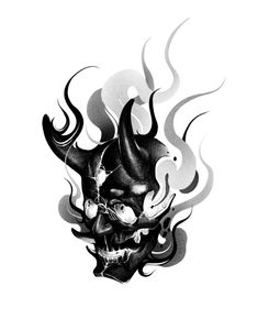 a black and white drawing of a demon skull with flames on it's face