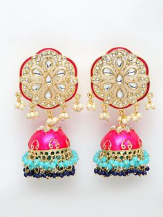 These beautiful poppy-pink floral jhumka earrings come with kundan stone studs & ocean-blue accented beads, are gold-plated with elegant meenakari work, and are secured with a post and back closure. These handcrafted floral jhumkas can be styled with any ethnic outfit, or an evening outfit to add a punch of color. You know you'll get complements with these! Product color may vary based on the monitor or screen you are using.See FAQ for more details. Size Length: 8 cm Details Material: BrassStone Festive Blue Tilla Jhumkas, Diwali Chandbali Jhumkas With Dori Work, Blue Temple Jewelry Jhumkas For Celebration, Temple Style Blue Jhumkas For Celebration, Multicolor Dori Work Jewelry For Diwali, Festive Chandbali Jhumkas With Dori Work, Festival Chandbali Dori Work Jhumkas, Chandbali Jhumkas With Dori Work For Festivals, Blue Tilla Jhumkas For Gift