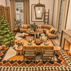 a living room filled with furniture and a christmas tree in the middle of the room