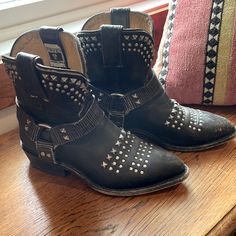 Frye Studded Distressed Leather Harness Western/Biker Ankle Boot Size 5.5 Used Condition With Some Scuffing In The Toe And One Stud Missing. Pictures Are Listed. Personally Never Worn, Bought In Used Condition But Still A Lot Of Life Left, Super Unique Rare Boots Fall Punk Snip Toe Moto Boots, Punk Snip Toe Moto Boots For Fall, Leather Moto Boots With Silver Studs For Fall, Leather Moto Boots With Rivets For Festival, Fall Snip Toe Moto Boots For Biker Events, Snip Toe Moto Boots For Biker Events In Fall, Fall Moto Boots For Biker Events With Snip Toe, Edgy Moto Boots With Leather Footbed For Fall, Missing Pictures