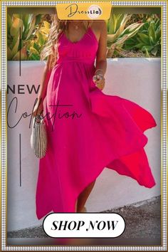 Bright Pure Color Irregular Backless Dress Chic High-low Hem Dress For Date Night, Pink Casual Midi Dress With Asymmetrical Hem, Casual Solid Maxi Dress With Asymmetrical Hem, Spring Dresses With High-low Hem, Summer A-line Maxi Dress For Date Night, Summer Party Dress With High-low Hem, Pink Solid Color Summer Maxi Dress, Pink Solid Color Maxi Dress For Summer, Solid Color High-low Hem Spring Dress