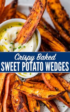 crispy baked sweet potato wedges on a white plate with ranch dip in the middle