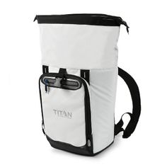 a white and black backpack with the word titan on it's front pocket, attached to