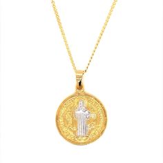 18 Karat Gold Filled Saint Benedict Charm Necklace Charm Measures: Approx: 30mm without bail Material: 18 Karat Gold Filled, Hypoallergenic. Tarnish Resistant. Gold-filled does not de-laminate or peel like Gold plated Jewelry nor does it tarnish as readily as silver. Generally speaking, gold filled is better quality and will have a much longer lasting color than plated jewelry. We recommend keeping abrasive chemicals away from the jewelry for the items to last. Thank you for visiting and support Spiritual 14k Gold Coin Necklace, Gold Coin Pendant Necklace With Figaro Chain, Gold Coin Necklace With Figaro Chain Pendant, Spiritual Yellow Gold Plated Medallion Necklace, Gold Medallion Coin Necklace With Figaro Chain, Gold Medallion Necklace With Figaro Chain, Spiritual Gold Figaro Chain Necklace, Gold Plated Spiritual Medallion Jewelry, Spiritual Gold Necklace With Figaro Chain