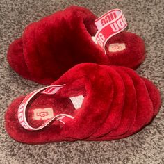 Size 7, Like Brand New Red Round Toe Slippers For Winter, Red Round Toe Winter Slippers, Winter Red Round Toe Slippers, Red Flat Slippers With Cushioned Footbed, Red Cushioned Flat Slippers, Red Synthetic Slippers, Red Flat Synthetic Slippers, Red Synthetic Closed Toe Slippers, Comfortable Red Open Toe Slippers