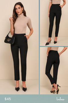 When you're not busy conquering the conference room, kick back in the Lulus Kick It Black High-Waisted Trouser Pants! Sleek woven poly constructs a high, banded waist, pleated accents, and diagonal front pockets. Relaxed pant legs taper at an ankle-length hem. Hidden side zipper/hook clasp. Fit: This garment fits true to size. Length: Ankle length. Size medium measures 39" from waist to hem. Inseam: 28.25 Front Rise: 11.00 Waist: Fitted - very fitted at natural waist. Hip: Fitted - consider sizi Modern High-waist Business Bottoms, Modern Style Bottoms With Pockets For Office, Stretch Work Pants With Pockets For Office, Modern Office Wear Bottoms With Pockets, Modern Office Bottoms With Pockets, High Waist Black Work Pants, Black High-waisted Work Pants For Office, High-waisted Black Work Pants, High Waist Office Pantsuit With Pockets