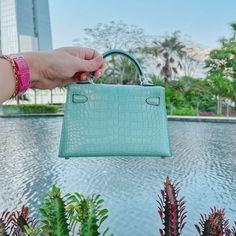 a hand holding a green purse over a pond