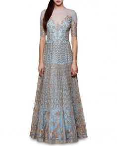 Powder Blue Gotta Patti Gown – Panache Haute Couture Blue Floral Embroidered Floor-length Evening Dress, Blue Floor-length Evening Dress With Floral Embroidery, Blue Floral Embroidery Floor-length Evening Dress, Blue Floral Embroidered Maxi Dress For Evening, Blue Floor-length Gown With Resham Embroidery, Festive Floor-length Gown With Sheer Bodice, Festive Anarkali Gown In Light Blue, Blue Floor-length Gown With Intricate Embroidery, Blue Dress With Zari Work For Reception