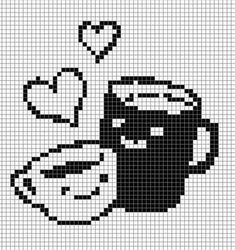 a cross stitch pattern with an image of a coffee mug and a flower on it