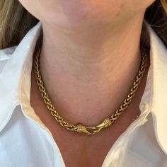 This designer Yurman 6mm Wheat Chain Necklace makes an iconic statement in 18k Yellow Gold. The thick and chunky chain accentuates the collarbone, measuring 16 inches long. Modern and elegant. Two hook clasps create the focal point charms on the chain. Italian-fashion inspired and versatile to pair with any look. The chain weighs 77.1 grams and is composed of solid 18 karat yellow gold. A radiant yellow gold jewelry piece that will never go out of style! Gold Luxury Chain Necklace For Fashion Statement, Luxury Traditional Gold Chain Necklace, Elegant Cheap Cable Chain Necklaces, Luxury Timeless Gold Necklace, Luxury Gold Rope Chain Necklace Classic Style, Luxury Classic Clavicle Chain Necklace, Luxury Traditional Necklace With Complimentary Chain, Luxury Yellow Gold Necklace With Large Pendant, Luxury Minimalist Yellow Gold Chain Necklace