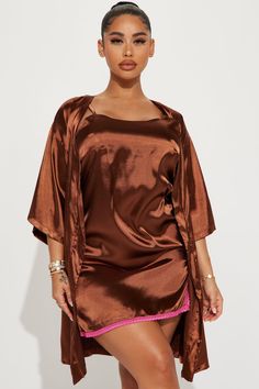 Available In Brown. 2 Piece PJ Set Satin Sleep Gown Adjustable Straps Lace Trim Satin Robe Open Tie Front Back Embroidery Final Sale Declaimer: Due To The Embroidery Placement , Each Garment Is Unique. Self: 96% Polyester 4% Spandex Imported | Do Not Disturb Satin PJ Robe Set in Brown size Small by Fashion Nova Spring Satin Night Sets, Fitted Satin Night Sets, Fitted Night Sets For Spring, Spring Nightwear Sets Fitted, Sleep Gown, Back Embroidery, Satin Pajama, Do Not Disturb, Pajama Robe