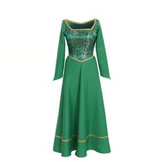 a green dress with gold trimmings and sequins on the neckline