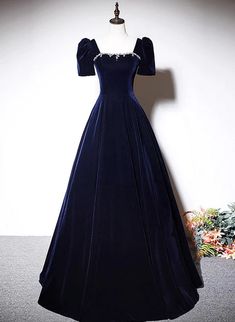 Navy Blue A-line Velvet Long Evening Dress Short Blue Velvet Ball Gown, Elegant Velvet Evening Dress With Sweep Train, Formal Velvet Dress With Sweep Train, Velvet Evening Dress With Sweep Train For Wedding, Velvet Evening Dress With Sweep Train, Floor-length Velvet Evening Dress For Gala, Elegant Velvet Dress With Sweep Train, Wedding Floor-length Velvet Evening Dress, Velvet Floor-length Evening Dress For Gala