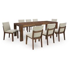 a large wooden table surrounded by chairs and a long dining table with white upholstered chairs