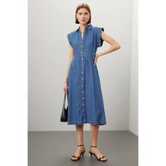 Blue (100% Cotton). Casual dress. Cap sleeves. Collared neckline. Front zipper fly with button closure. 47" from shoulder to hemline. Imported. Elegant Buttoned Denim Dress For Spring, Elegant Spring Denim Dress With Buttons, Elegant Knee-length Denim Dress With Buttons, Elegant Denim Dress With Button Closure, Elegant Short Sleeve Denim Workwear Dress, Elegant Short Sleeve Denim Dress For Work, Elegant Buttoned Denim Dress For Summer, Elegant Denim Button Dress For Summer, Elegant Denim Daywear Dress