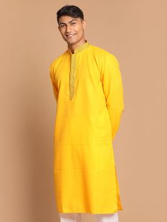 VASTRAMAY Men's Yellow Color Solid Kurta Add a pop of color to your ethnic wardrobe with this vibrant yellow kurta from VASTRAMAY. Made from comfortable fabric, this kurta is perfect for both casual and festive occasions. Features: Color: Yellow Pattern: Solid Fabric: Comfortable Occasion: Casual, Festive Specifications: Brand: VASTRAMAY Fit: Regular Fit Neck: Mandarin Collar Sleeve Length: Long Sleeves Length: Knee-Length Number of Pockets: 2 Side Pockets Material & Care: Material: Cotton Blend Yellow Dabka Kurta For Eid, Yellow Straight Kurta For Eid, Yellow Straight Kurta For Diwali, Yellow Straight Kurta For Festivals, Yellow Straight Kurta For Festive Season, Festival Straight Yellow Kurta, Bollywood Style Straight Yellow Kurta, Yellow Bollywood Style Kurta, Bollywood Style Yellow Kurta