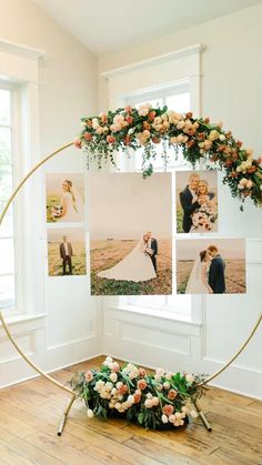 a wedding photo collage with flowers and greenery on display in front of a window